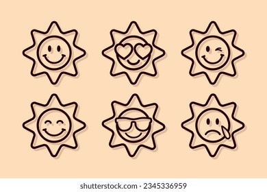 sun emoji set, set of thin line smile emoticons isolated on an orange background, vector illustration