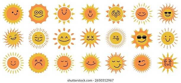 Emoji do sol definido com várias expressões. Ícones de sol de desenhos animados para projetos de tempo, verão ou crianças. Smiley vetor faces em estilo divertido bonito.