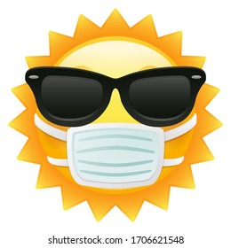 Sun Emoji Sunglasses with medical mask. Summer quarantine Vacations. Illustration Face Vector Design Art.