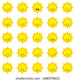 Sun emoji vector set. Flat sunshine emoticon cartoon icon logo design, kawaii style. Happy, sad, winking, crying summer sun faces with different emotions isolated on white background. Weather emoticon