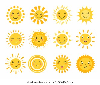 Sun emoji. Vector set of hand drawn cute sun icons. Sun smiling faces isolated on white background. Cartoon summer icon for web, mobile app, weather design. Funny summer sunshine. Emoticons collection