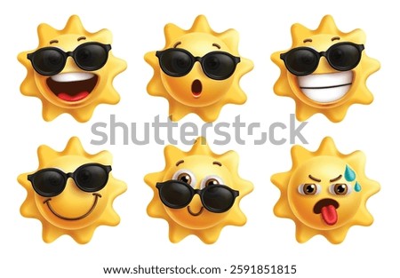 Sun emojis clipart set. Summer emoji cool characters clip art wearing sunglasses with happy, cute, smiling and thirsty facial expression vector illustration.