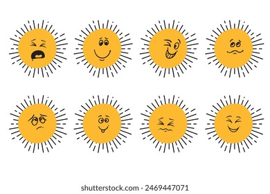 sun emoticon set. Fun social media Symbol. Vector funny face suns. mood, weather, star, astrology, Times of Day, holiday decoration, poster, greeting card, sticker,  social media design.