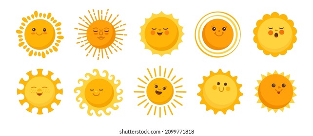 Sun emotion cartoon character set. Faces summer cute yellow suns collection. Solar funny childish sunny. Smiling shine sun with sunbeams. Isolated abstract vector clipart illustration white background