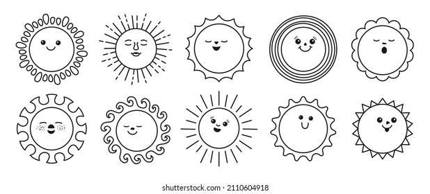 Sun emotion doodle outline character set. Faces summer cute suns collection. Solar funny childish sunny. Smiling shine sun with sunbeams. Isolated contour vector clipart illustration white background