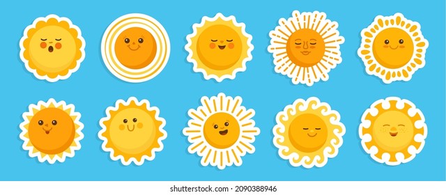 Sun emotion sticker cartoon character set. Faces summer cute yellow suns collection. Solar funny childish sunny. Smiling shine sun with sunbeams. Isolated vector clipart illustration white background