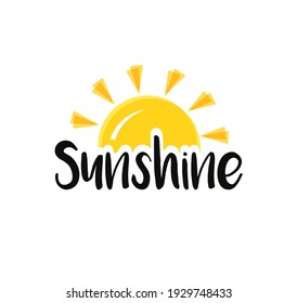 Sun end word sunshine. Concept Sunset or sunrise. Vector illustration isolated on white background. Summer, sunlight.