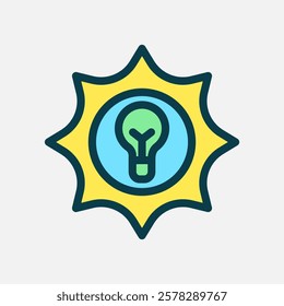 sun energy and bulb lamp icon Flat line color, free energy, ecology, renewable and green energy concept. Line and flat color icon.