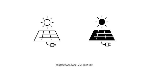 Sun energy connecting, connection, wire, energy, electricity line and flat icons set, editable stroke isolated on white, linear vector outline illustration, symbol logo design style