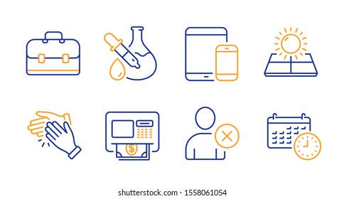 Sun energy, Delete user and Atm line icons set. Clapping hands, Portfolio and Mobile devices signs. Chemistry experiment, Calendar symbols. Solar panels, Remove profile. Business set. Vector