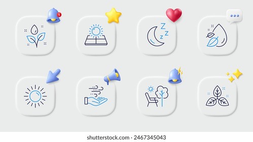 Sun, Sun energy and Moon line icons. Buttons with 3d bell, chat speech, cursor. Pack of Plants watering, Fair trade, Water drop icon. Deckchair, Wind energy pictogram. For web app, printing. Vector