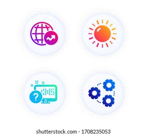 Sun energy, Online quiz and World statistics icons simple set. Button with halftone dots. Gears sign. Solar power, Web support, Global report. Work process. Science set. Vector