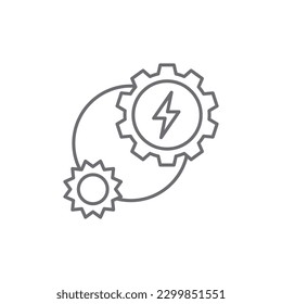 Sun energy related vector linear icon. Gear,lightning. Eco energy. Vector outline illustration Isolated on white background. Editable stroke