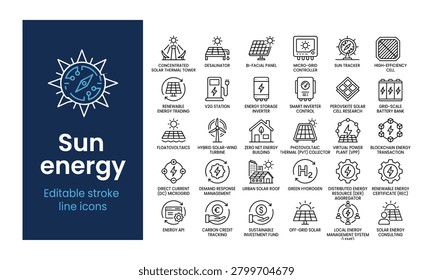 Sun energy, renewable power technology, editable stroke line icons, vector set, solar panels, smart grid, battery storage, sustainable ecology concepts
