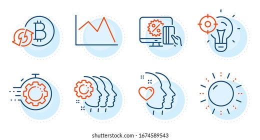 Sun energy, Seo idea and Employees teamwork signs. Line chart, Refresh bitcoin and Seo timer line icons set. Heart, Online shopping symbols. Financial graph, Update cryptocurrency. Vector