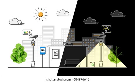 Sun energy sidewalk day and night vector illustration. Urban streetlight with solar panel to generate electricity line art concept. Street lantern with alternative energy technology graphic design.