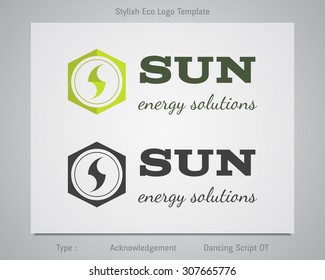 Sun - energy solutions logo template for eco corporation, company, firm or other bio, ecology business. Clean, simple green design. Horizontal. Vector illustration