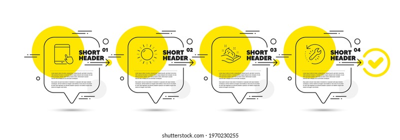 Sun Energy, Tablet Pc And Skin Care Line Icons Set. Timeline Infograph Speech Bubble. Recovery Tool Sign. Solar Power, Touchscreen Gadget, Hand Cream. Backup Info. Business Set. Vector