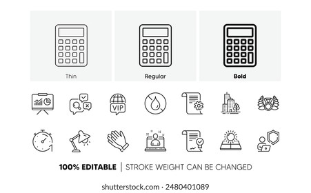 Sonnenenergie, Timer und Preisträger Medaillen Linie Icons. Paket Schild, Technische Dokumentation, Wolkenkratzer Gebäude Symbol. Tischlampe, klatschende Hände, kein wasserdichtes Piktogramm. VIP-Internet. Vektorgrafik