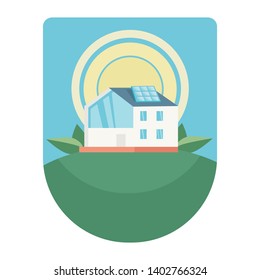Sun energy vector badge. Nature and ecology related vector illustration in flat style.  Alternative energy source provides energy to the house.