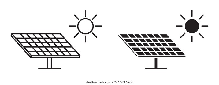 Sun Energy Vector Illustration Set. Solar panel renewable power sign suitable for apps and websites UI design style.