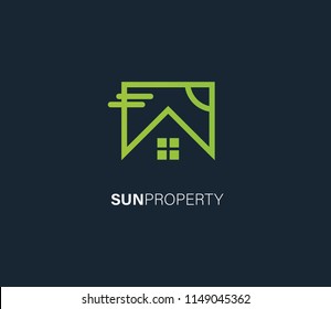 Sun Estate logo design template. Vector real estate building icon sign. Solar home symbol emblem in circle. Sunlight housing label illustration background. Construction branding company concept