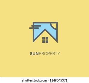 Sun Estate logo design template. Vector real estate building icon sign. Solar home symbol emblem in circle. Sunlight housing label illustration background. Construction branding company concept