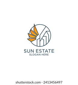 Sun Estate logo design template. Vector real estate building icon sign. Solar house symbol emblem in circle. Sunshine housing label illustration background.