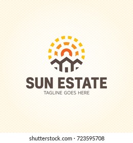 Modelo de design do logotipo Sun Estate. Vector imobiliário edifício ícone sinal. Emblema do símbolo da casa solar em círculo. Luz solar habitação fundo ilustração etiqueta. Conceito de empresa de branding de construção