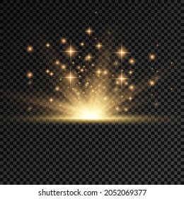 Explosión solar sobre fondo transparente, rayos solares de luces amarillas, efecto especial de la bengala con rayos de luz y brillo mágico, estrella dorada brillante y brillante, ilustración vectorial, eps 10.