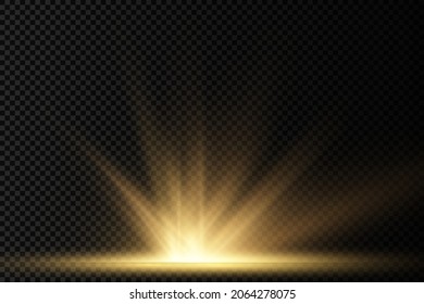 Sun explosion on transparent background, yellow glow lights sun rays, flare special effect with rays of light and magic sparkles, bright and shining golden star, vector illustration, eps 10.