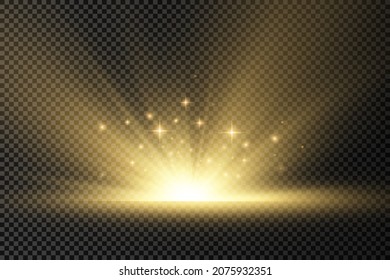 Sun explosion on transparent background, yellow glow lights sun rays, flare special effect with rays of light and magic sparkles, bright and shining golden star, vector illustration, eps 10.