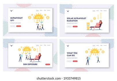 Sun Exposure Landing Page Template Set. Uv Radiation, Solar Ultraviolet Protection. Characters with Shields Reflect Sunlight, Family Walk with Umbrella, Woman Tan. Cartoon People Vector Illustration