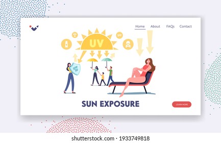 Sun Exposure Landing Page Template. Uv Radiation, Solar Ultraviolet Protection. Characters with Shields Reflect Sunlight, Family Walk with Umbrella, Woman Tan. Cartoon People Vector Illustration