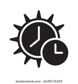 Sun exposure time icon with sun and clock a symbol for managing time in the sun and avoiding peak uv radiation hours for skin safety vector solid glyph icon
