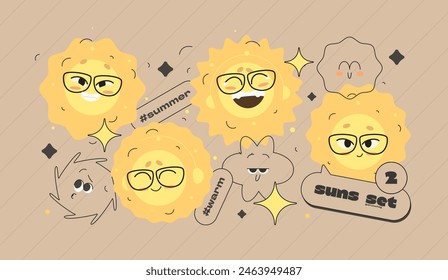 Conjunto de expresiones Sun. Divertido diseño lacónico de dibujos animados