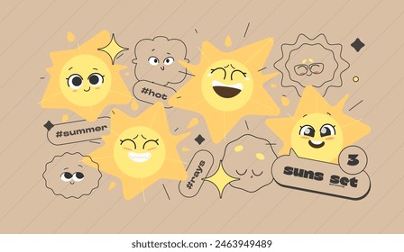 Sun Expressions Set. Funny Cartoon Laconic Design