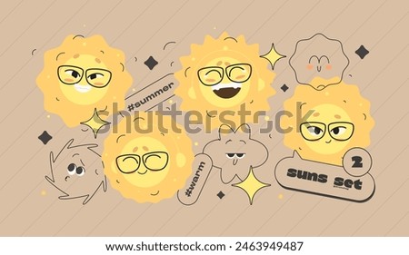 Sun Expressions Set. Funny Cartoon Laconic Design