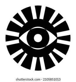 The sun and an eye ball. An eye inside the sun. Black and white sign, logo design idea. Esoteric, masonic, mysteric, alchemic sign. Print design