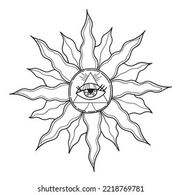 Sun with eye. Bohemian hand drawing, esoteric sketch, engraving stylization. Design for tattoo, astrology, stickers, tarot. Vector illustration isolated on white background.