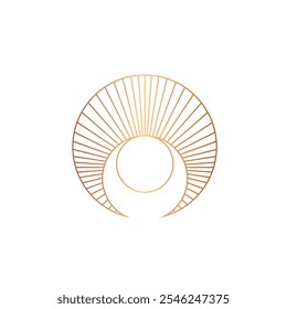 Sun, eye concept. Sacred geometry circle logo emblem. Modern, geometric, spa style gold icon isolated on light fund. Circular minimal deco design lines. Shiny rays alchemy symbol.