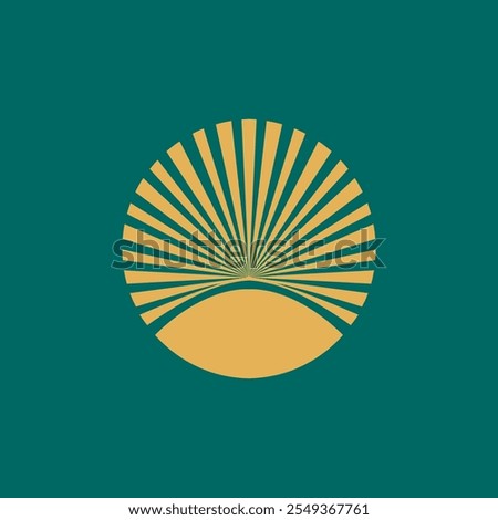 Sun, eye concept. Sacred geometry circle logo emblem. Modern, geometric, spa style golden icon isolated on green fund. Circular minimal deco design lines. Shiny rays alchemy symbol.