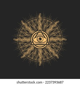 Pentagrama oculta esotérica solar y ocular, signo de tarot mágico. Ojo egipcio todo visto en triángulo y estrella circular con rayos radiantes. emblema de magia espiritual vectorial, alquimia aislada, símbolo wicca o pagano