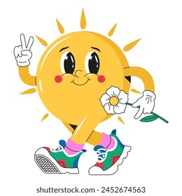 The sun with eyes, arms and legs. funny cartoon character in large stylish sneakers, socks, holding a flower. Sticker, poster, print, design templates. Hand drawn fashion vector illustration