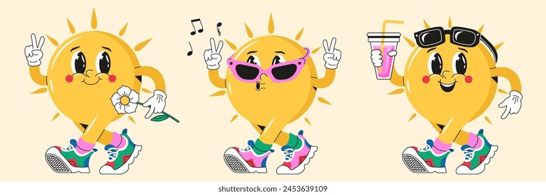 El sol con ojos, brazos y piernas. Un conjunto de divertidos personajes de dibujos animados en Grandes zapatillas elegantes, gafas de sol,. Pegatina, póster, impresión, Plantillas de diseño. Ilustración vectorial de moda dibujada a mano