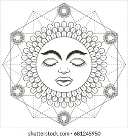 The sun with eyes, flowers, petals. Boho style. Tattoo. Sacred Geometry