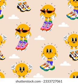 Sun with eyes, hands and legs. Funny cartoon characters wearing big sneakers, cool stylish shoes, socks. Hand drawn trendy Vector illustration. Square seamless Pattern, background, wallpaper