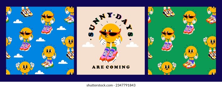 Sun with eyes, hands and legs. Funny cartoon characters wearing big sneakers, cool stylish shoes, socks. Hand drawn trendy Vector illustration. Square seamless Pattern. Sunny days are coming card