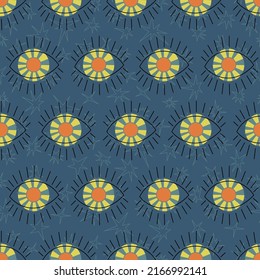 The sun in eyes seamless pattern. Eyeball vector illustration design. Repeatable pattern textile