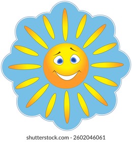 sun with eyes and smile in cartoon style smiling on blue background